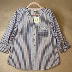 Anne Klein Button Down Shirt Women's Large Blue White Stripe Collared Business